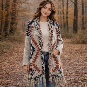 Oceanus Tribal Fringe Cardigan Sweater Women's Large Open Front Boho Aztec Knit